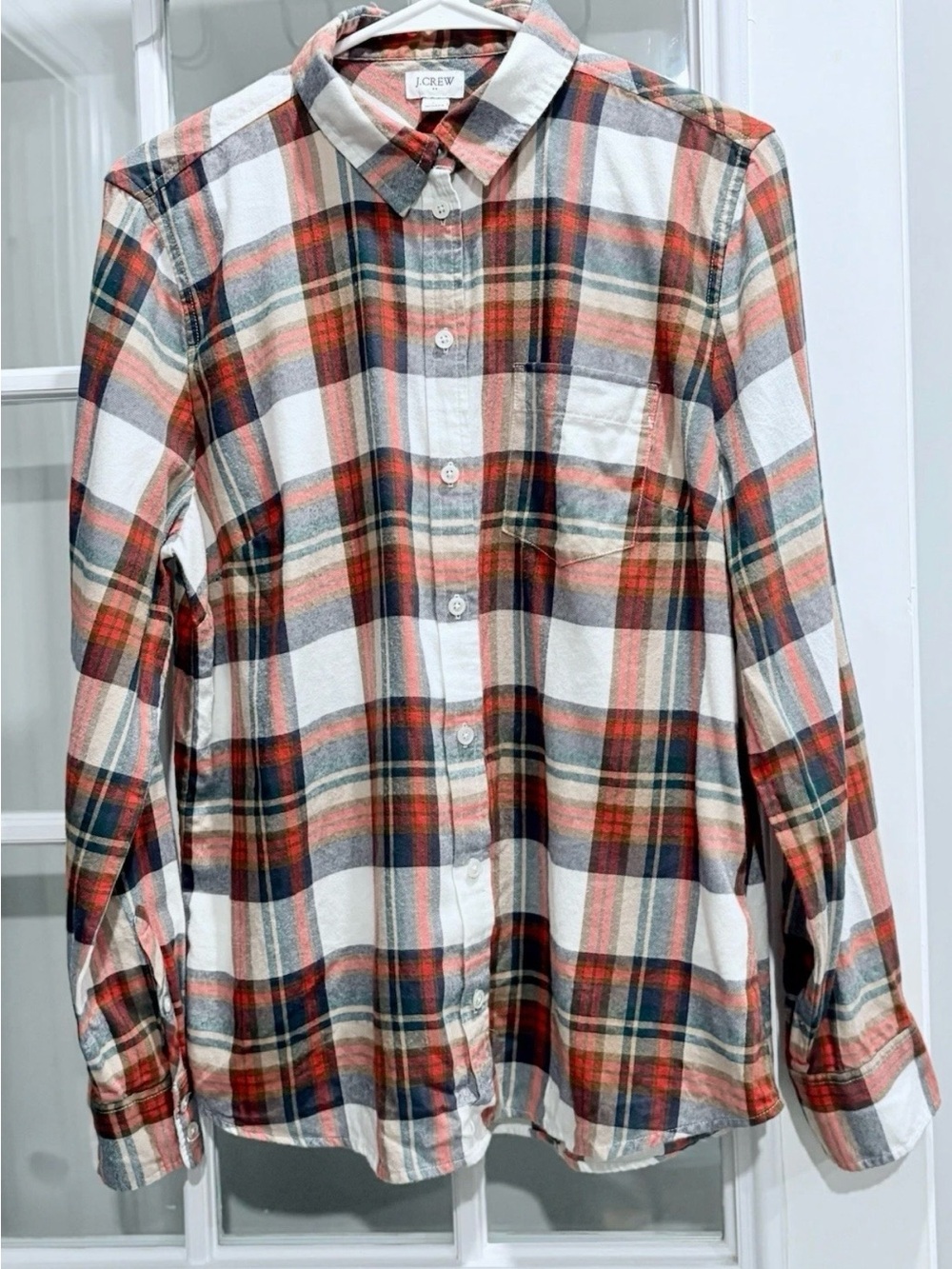 J.Crew Plaid Flannel Shirt L Red Navy Cozy Fall Winter Cotton